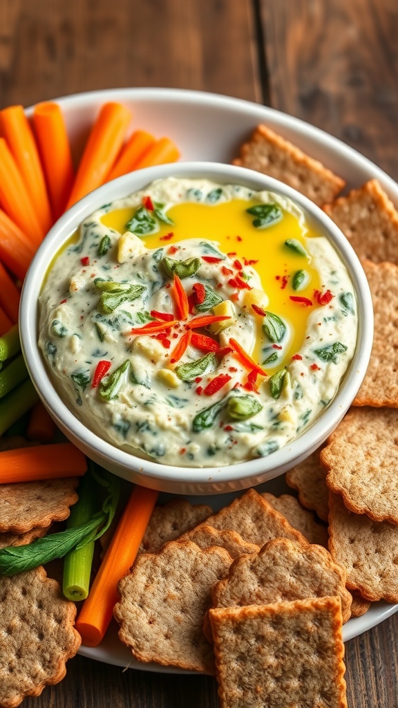 A creamy spinach and artichoke dip served with carrot sticks and crackers on a rustic table.